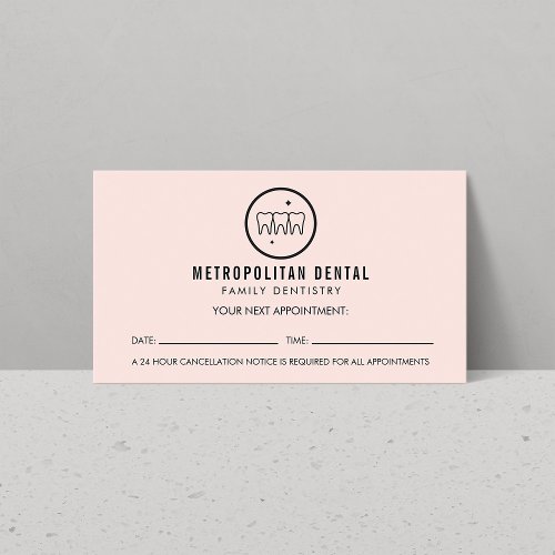 Modern Dentist Teeth Black Logo Pink Appointment Business Card