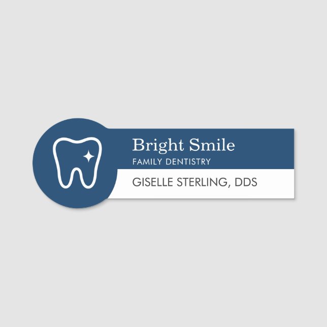 Modern Dentist Tooth Logo Navy Blue Office Name Tag (Front)