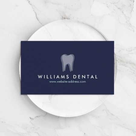 Modern Dentist Tooth Logo On Navy Blue Business Card