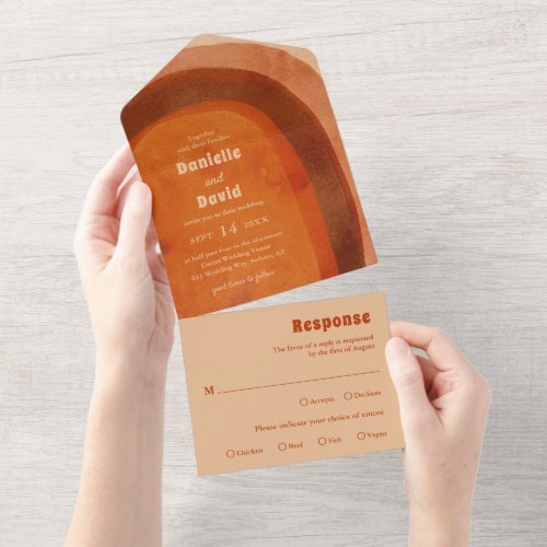 Modern Desert Burnt Orange Arch Boho Wedding All In One Invitation