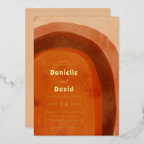 Modern Desert Burnt Orange Arch Boho Wedding Gold Foil Invitation