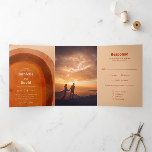 Modern Desert Burnt Orange Arch Photo Boho Wedding Tri_Fold Invitation