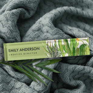 MODERN DESERT CACTUS FLORAL GARDEN WATERCOLOR DESK NAME PLATE