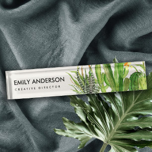 MODERN DESERT CACTUS FLORAL GARDEN WATERCOLOR DESK NAME PLATE