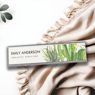 MODERN DESERT CACTUS FLORAL GARDEN WATERCOLOR DESK NAME PLATE