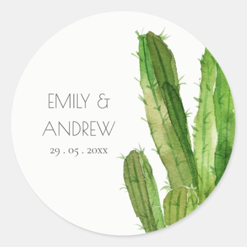 MODERN DESERT CACTUS FOLIAGE WATERCOLOR WEDDING CLASSIC ROUND STICKER