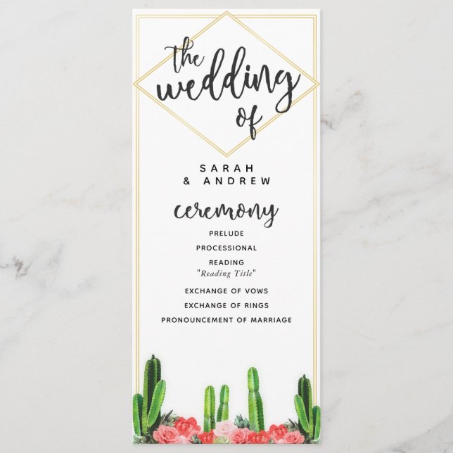 Modern Desert Cactus, Succulent and Floral Wedding Program (Front)