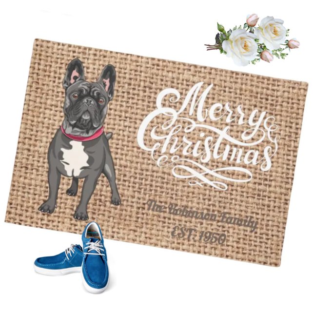 Modern design Christmas cute bulldog family name   Doormat (Creator Uploaded)