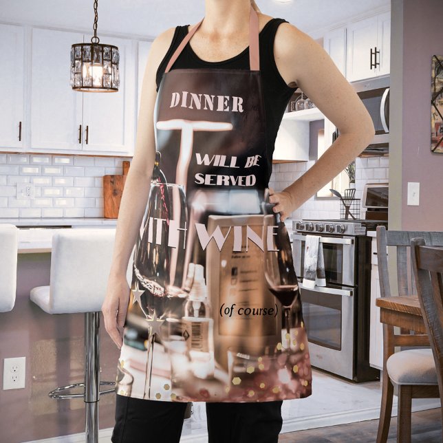 Modern Design Festive Wine Theme Apron (Apron showing a modern design with wine in rose gold colors with festive light sparkles and stars)