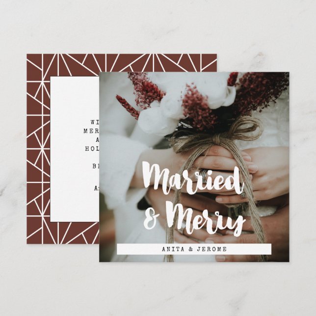 Modern design Married and Merry newlyweds photo Holiday Card (Front/Back)