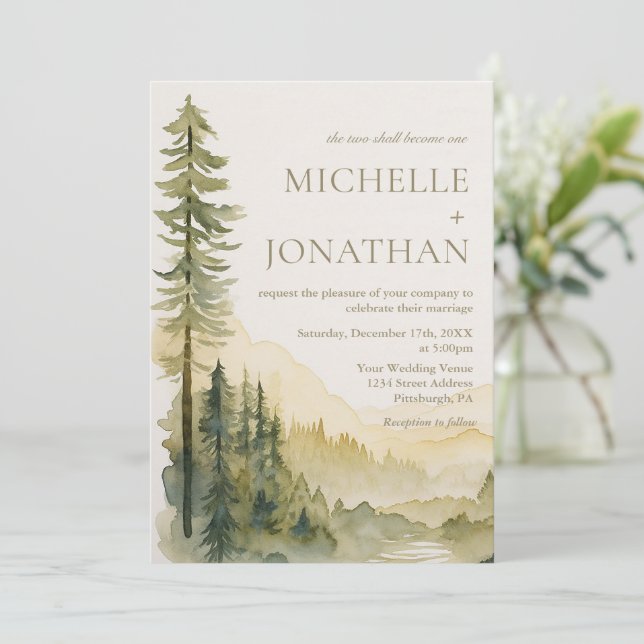 Modern Design Pine Trees Bible Christian Wedding Invitation (Standing Front)