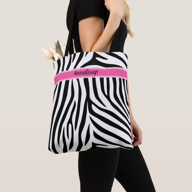 Modern designer personalized zebra stripe Ladies Tote Bag (Close Up)