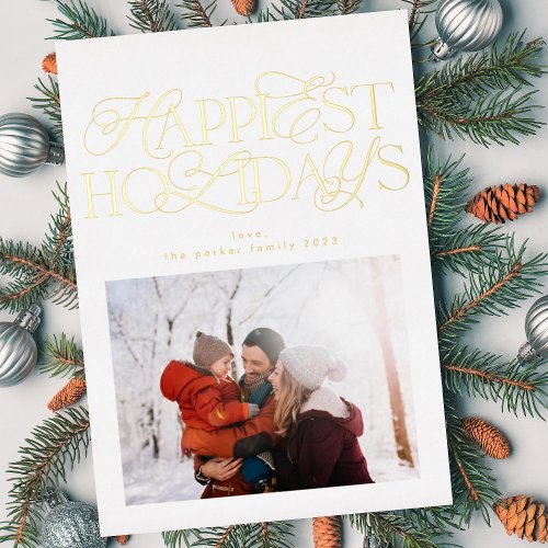 modern designer script photo collage back happiest foil holiday card