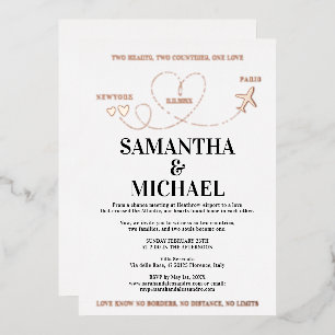 Modern Destination Wedding Airplane Heart Foil Invitation