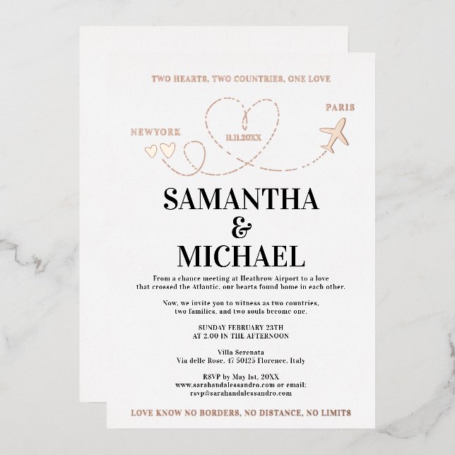 Modern Destination Wedding Airplane Heart Foil Invitation (Front/Back)