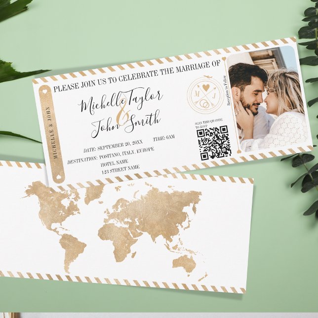 Modern Destination Wedding Boarding Pass QR Code Invitation (gold world map boarding pass invitation with photo)