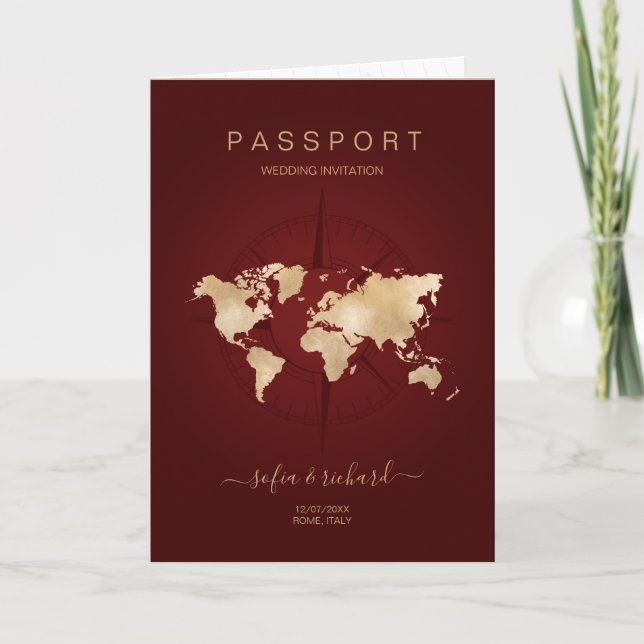 Modern Destination Wedding Passport Compass Invitation (Front)