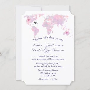Modern Destination Wedding Watercolor World Map Invitation