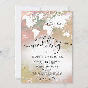 Modern Destination Wedding World Map Watercolor Invitation