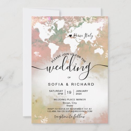 Modern Destination Wedding World Map Watercolor Invitation