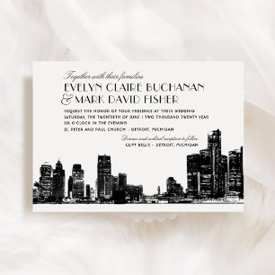 Modern Detroit Skyline Black and White Wedding Invitation