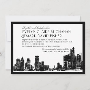 Modern Detroit Skyline Black and White Wedding Invitation