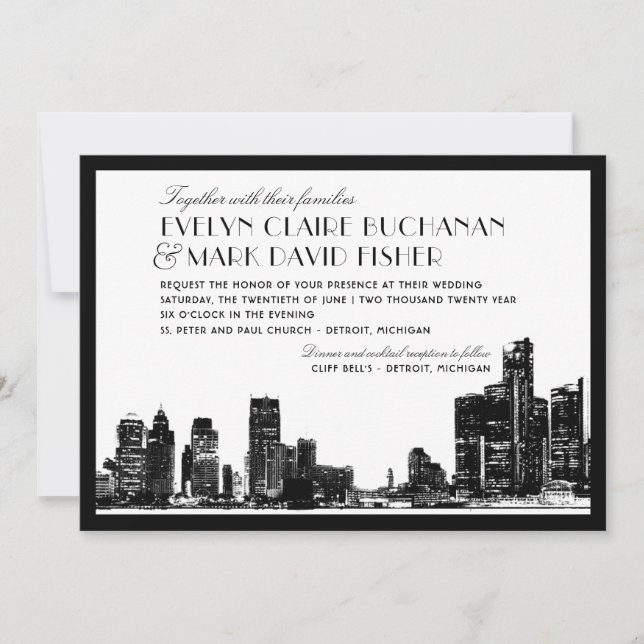 Modern Detroit Skyline Black and White Wedding Invitation (Front)