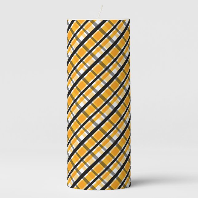 Modern Diagonal Autumn Plaid Pattern Pillar Candle (Front)