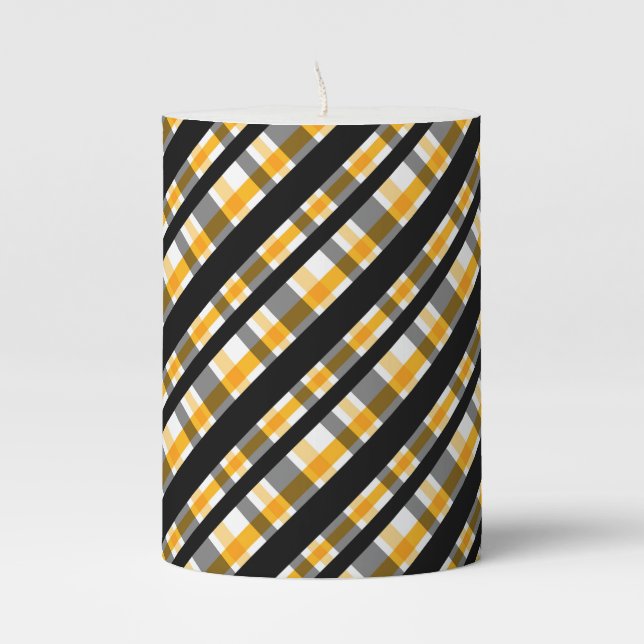 Modern Diagonal Autumn Plaid Pattern Pillar Candle (Front)