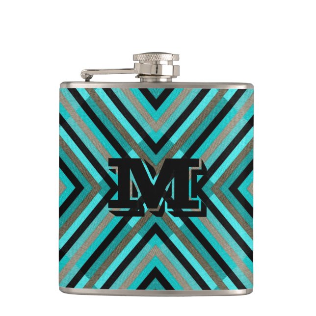 Modern Diagonal Checker Shades of Green, Monogram Hip Flask (Front)