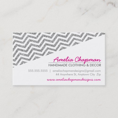 MODERN diagonal chevron faux silver glitter pink Business Card