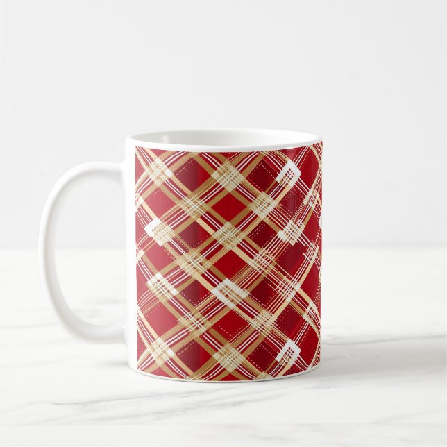 Modern Diagonal Red and White Plaid Pattern Coffee Mug (Left)