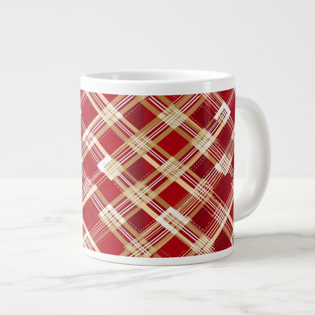 Modern Diagonal Red and White Plaid Pattern Giant Coffee Mug (Front Right)