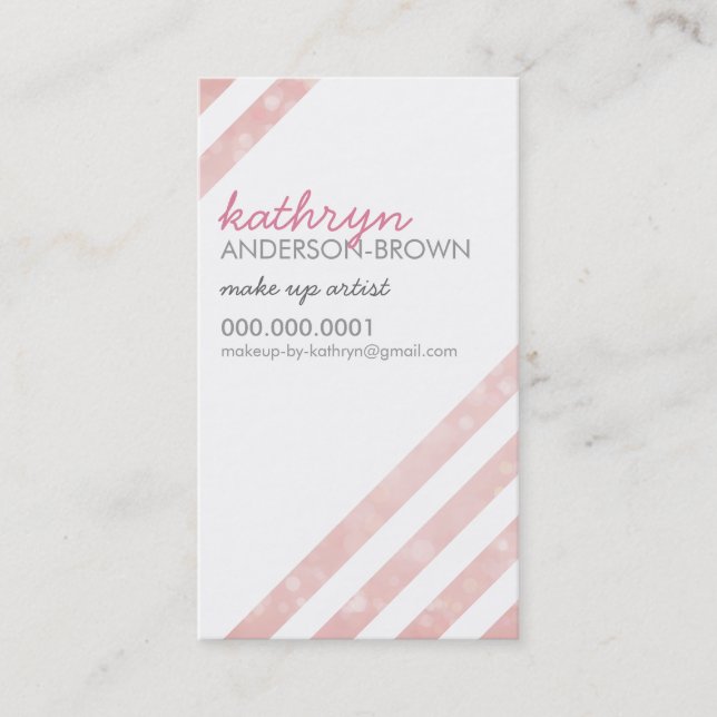 MODERN diagonal striped whimsical bokeh coral Business Card (Front)