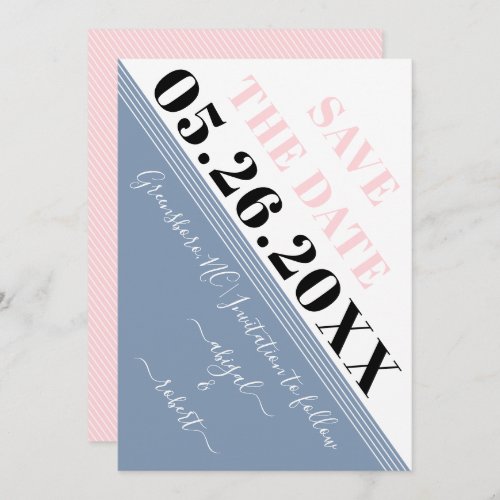 Modern diagonal stripes dusty blue and blush pink save the date