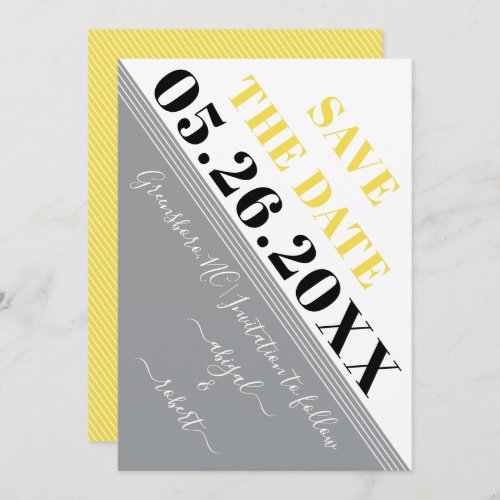 Modern diagonal stripes gray and yellow save the date