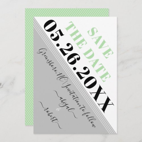 Modern diagonal stripes mint green and gray save the date