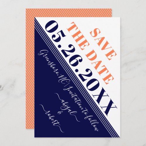 Modern diagonal stripes navy blue coral save the date