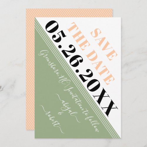 Modern diagonal stripes sage green and peach save the date