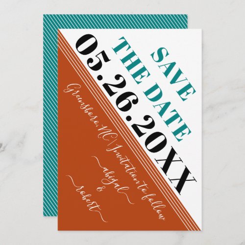 Modern diagonal stripes teal blue and rust save the date