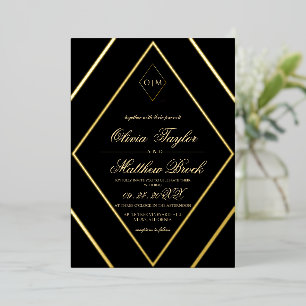 Modern Diamond Black Gold Wedding Foil Invitation