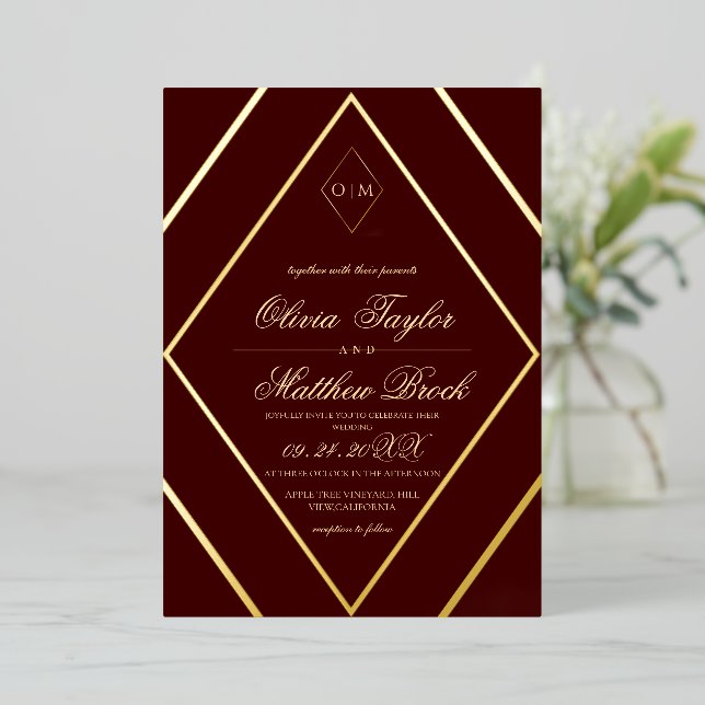 Modern Diamond Burgundy Gold Wedding Foil Invitation (Standing Front)