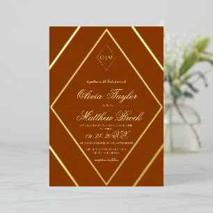 Modern Diamond Burnt Orange Gold Wedding Foil Invitation