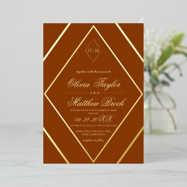 Modern Diamond Burnt Orange Gold Wedding Foil Invitation (Standing Front)