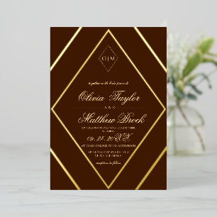 Modern Diamond Chocolate Brown Gold Wedding Foil Invitation