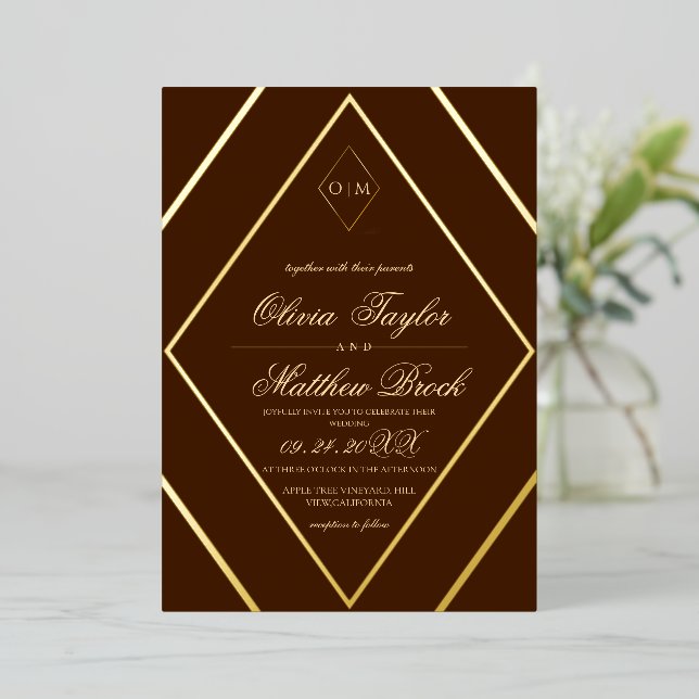 Modern Diamond Chocolate Brown Gold Wedding Foil Invitation (Standing Front)