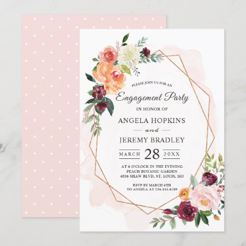 Modern Diamond Frame Blush Floral Engagement Party Card