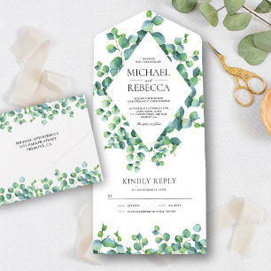 Modern Diamond Frame Eucalyptus Leaves Wedding All In One Invitation