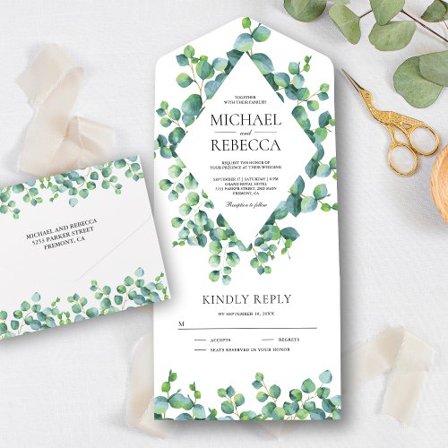 Modern Diamond Frame Eucalyptus Leaves Wedding All In One Invitation