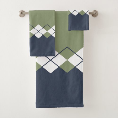 Modern diamond pattern olive green navy blue bath towel set